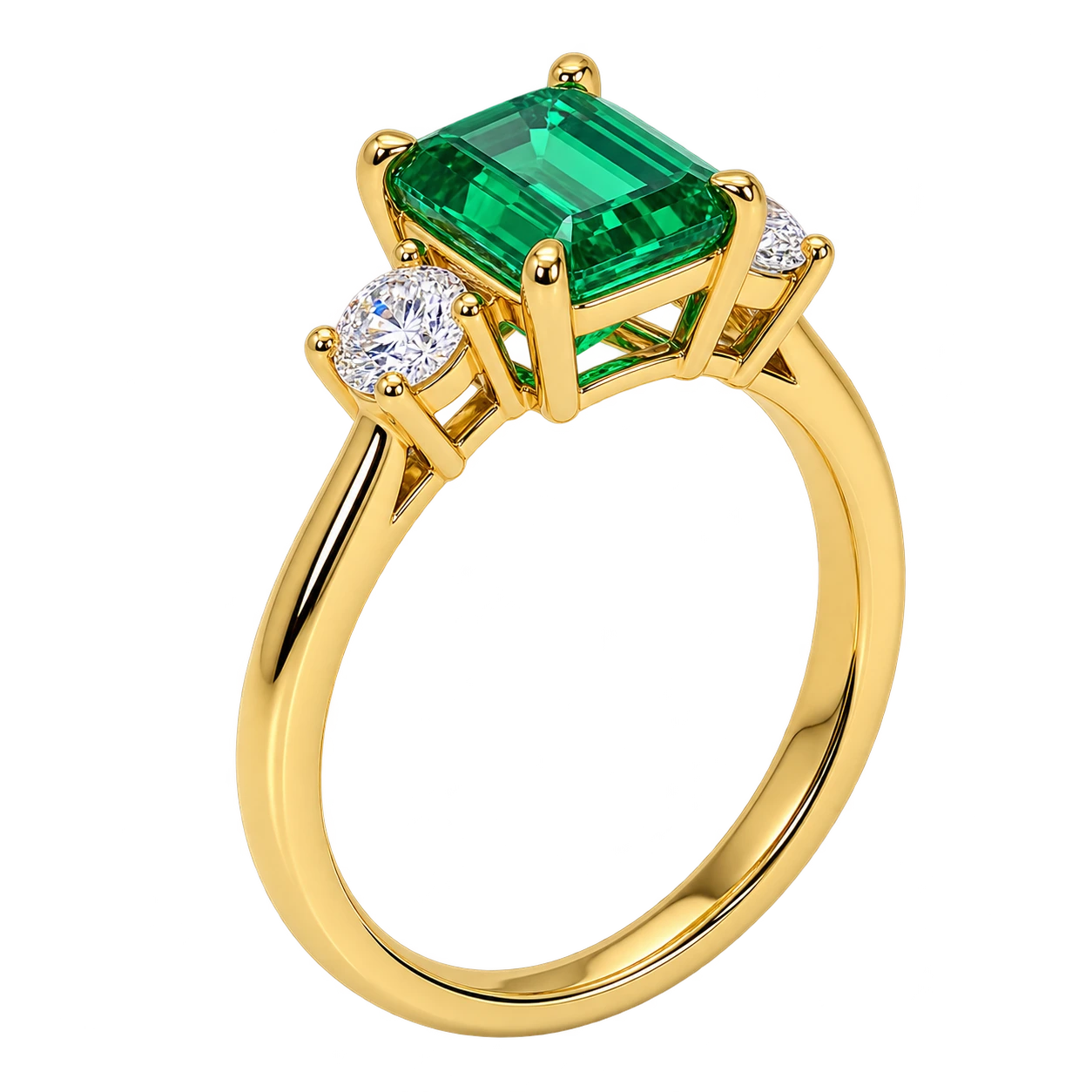 Emerald Cut Lab Grown Emerald Three Stone Engagement Ring with Round Diamond Accents – Classic Solitaire Bridal Ring