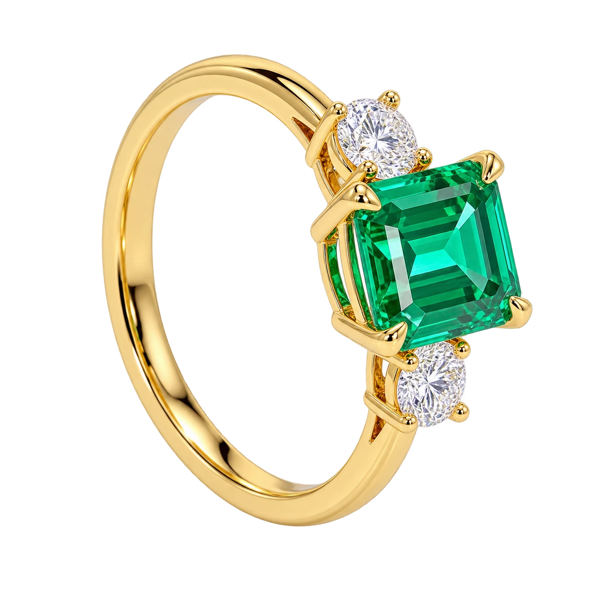 Emerald Cut Lab Grown Emerald Three Stone Engagement Ring with Round Diamond Accents – Classic Solitaire Bridal Ring