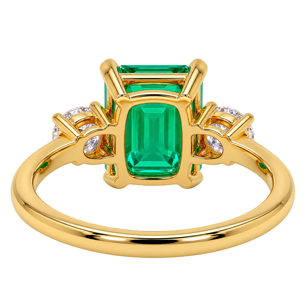Emerald Cut Lab Grown Emerald Three Stone Engagement Ring with Round Diamond Accents – Classic Solitaire Bridal Ring