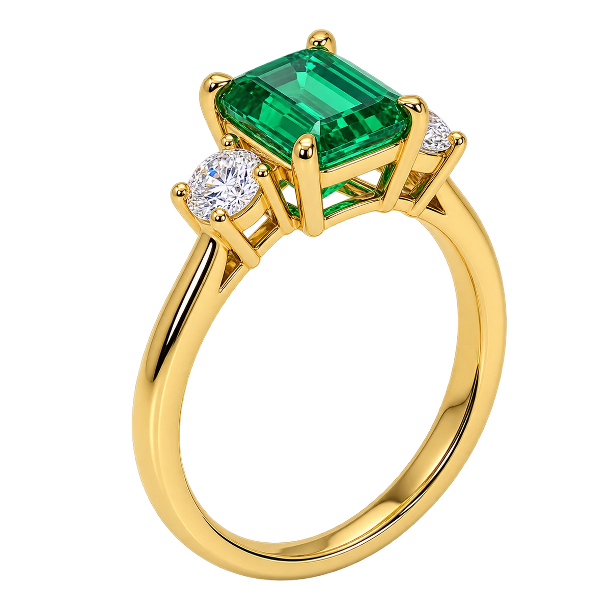 Emerald Cut Lab Grown Emerald Three Stone Engagement Ring with Round Diamond Accents – Classic Solitaire Bridal Ring
