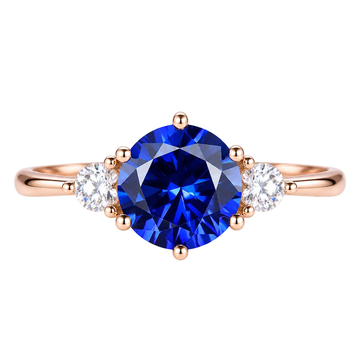 Round Blue Sapphire Three Stone Engagement Ring with Lab Diamond Side Stones Elegant Sapphire Trilogy Ring