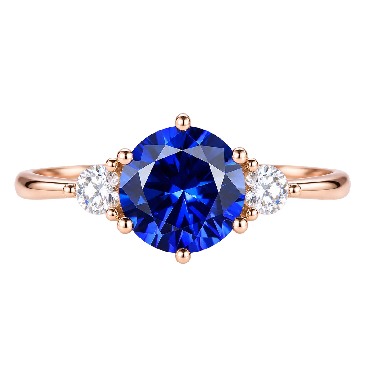 Round Blue Sapphire Three Stone Engagement Ring with Lab Diamond Side Stones Elegant Sapphire Trilogy Ring