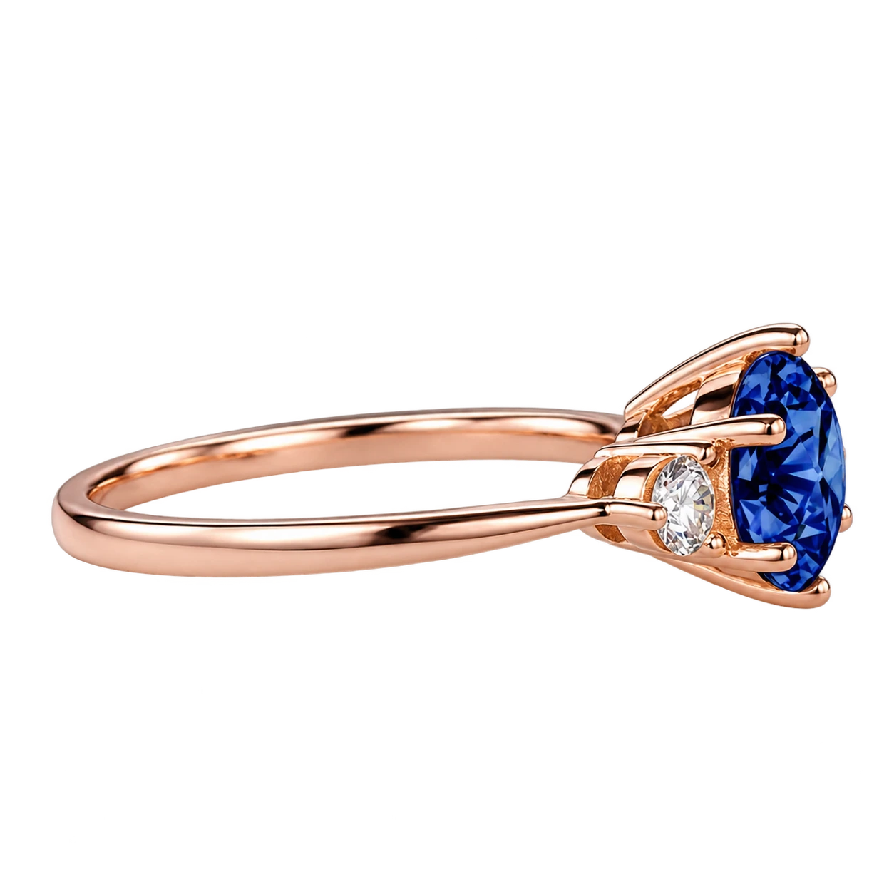 Round Blue Sapphire Three Stone Engagement Ring with Lab Diamond Side Stones Elegant Sapphire Trilogy Ring