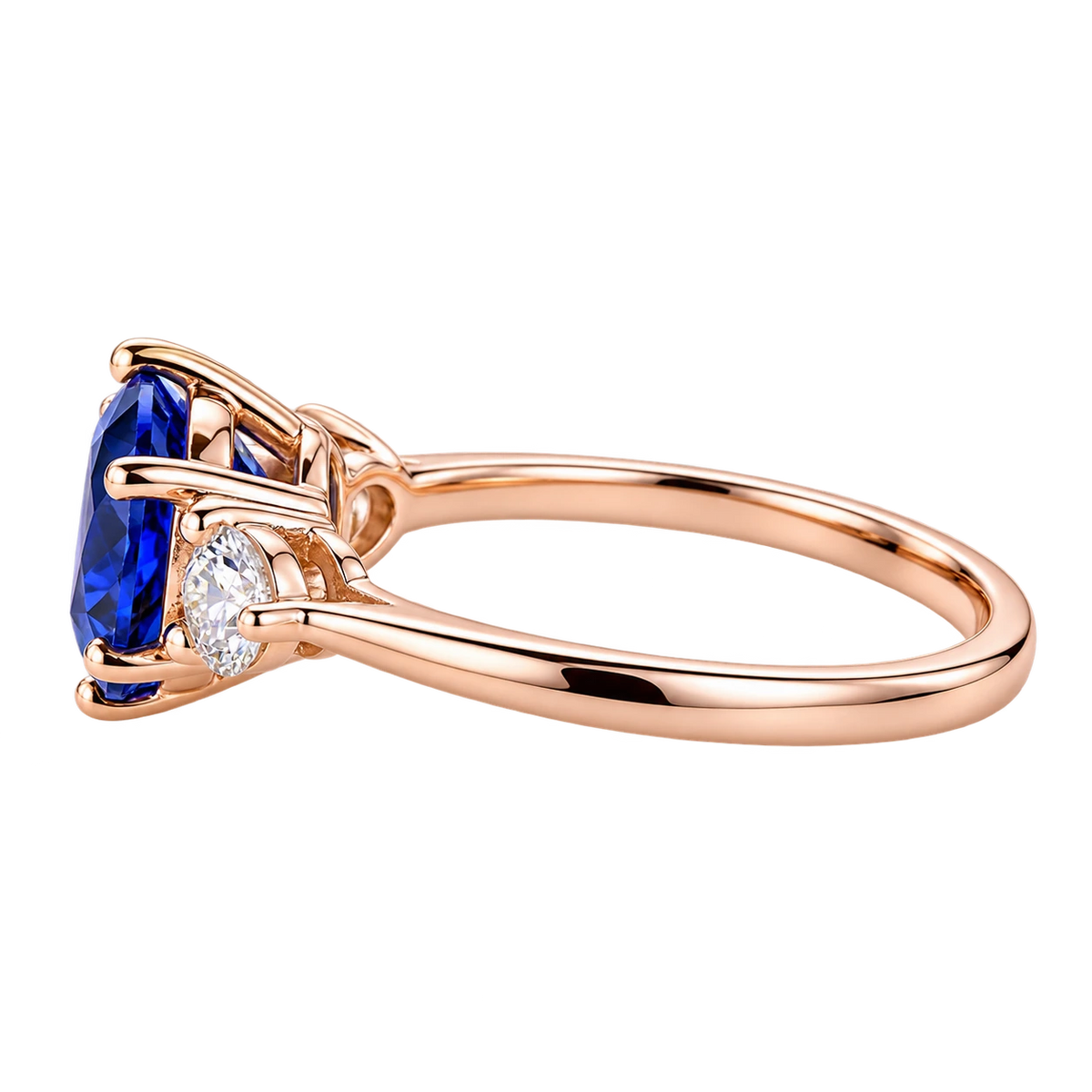 Round Blue Sapphire Three Stone Engagement Ring with Lab Diamond Side Stones Elegant Sapphire Trilogy Ring