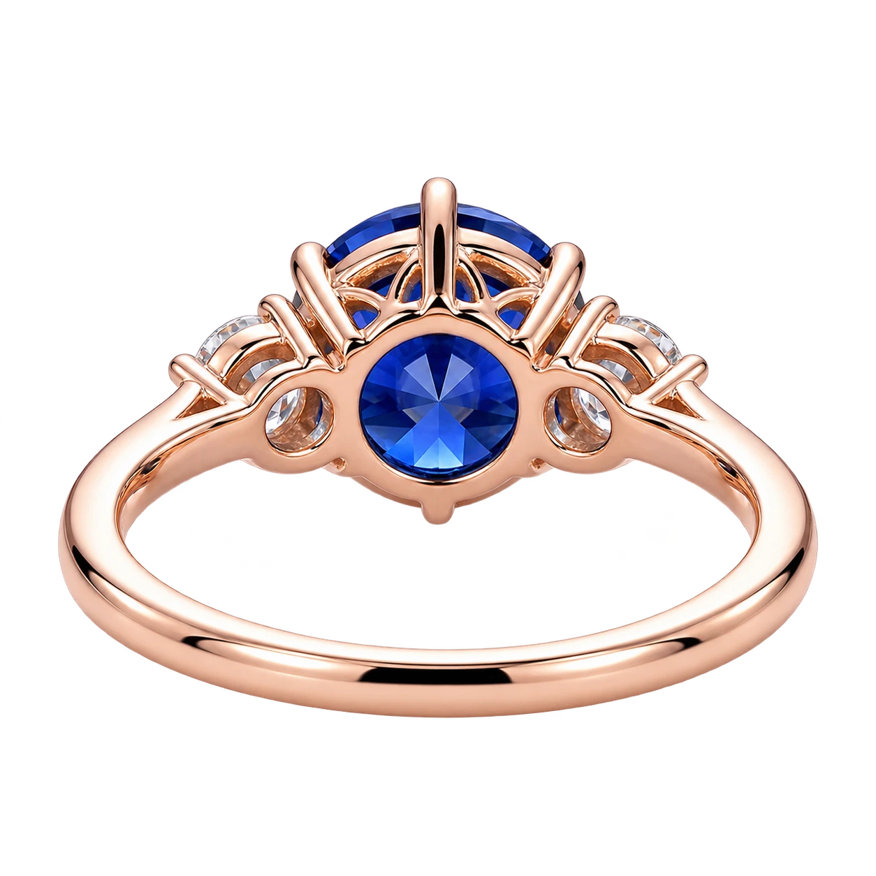 Round Blue Sapphire Three Stone Engagement Ring with Lab Diamond Side Stones Elegant Sapphire Trilogy Ring