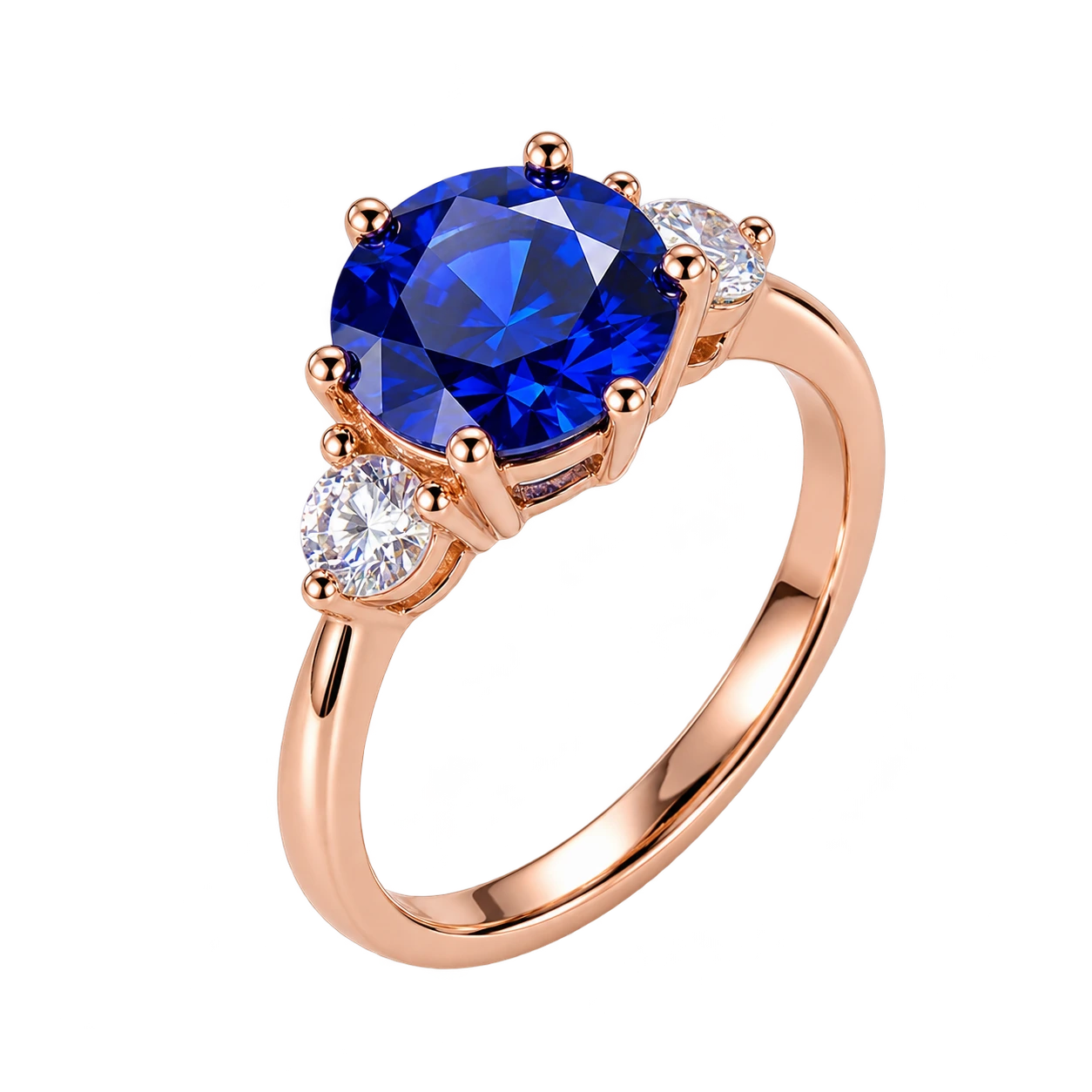 Round Blue Sapphire Three Stone Engagement Ring with Lab Diamond Side Stones Elegant Sapphire Trilogy Ring