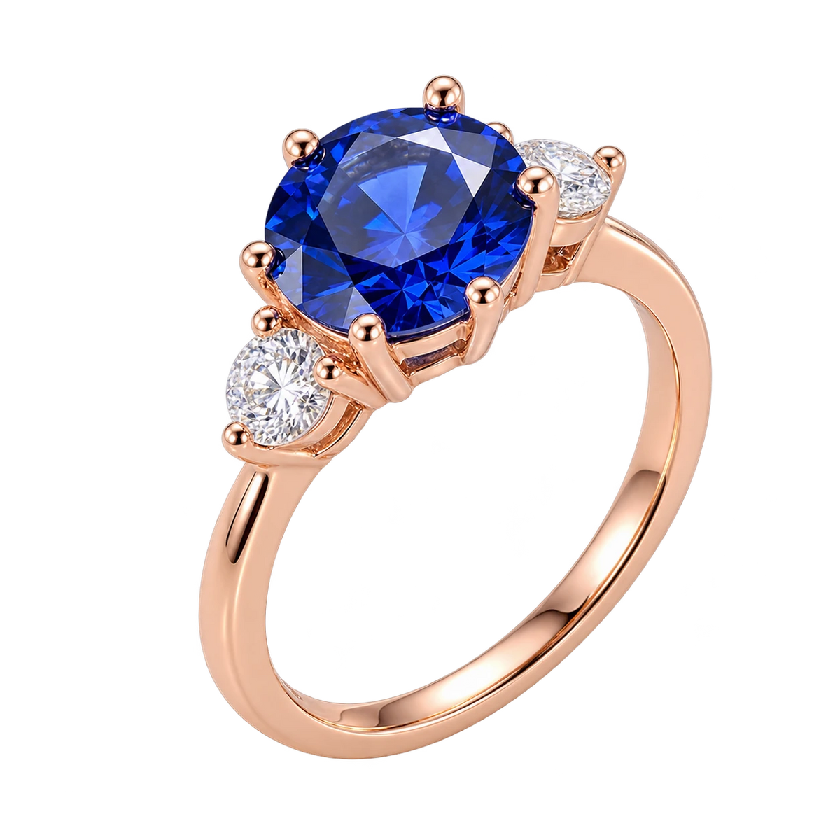 Round Blue Sapphire Three Stone Engagement Ring with Lab Diamond Side Stones Elegant Sapphire Trilogy Ring