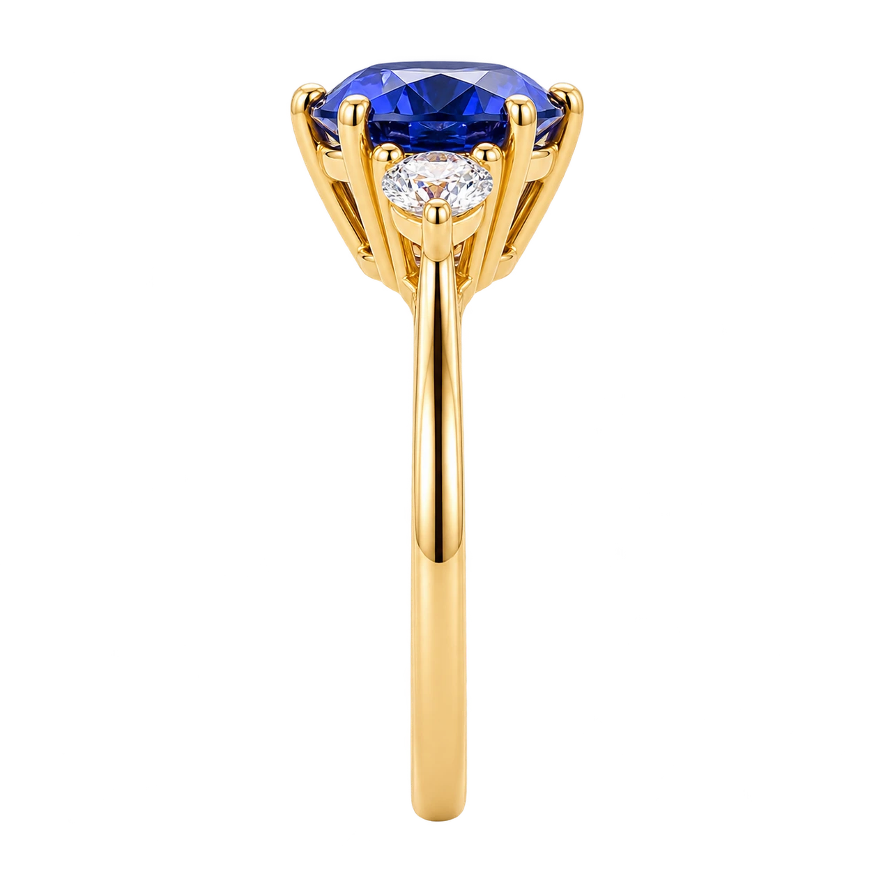 Round Blue Sapphire Three Stone Engagement Ring with Lab Diamond Side Stones Elegant Sapphire Trilogy Ring