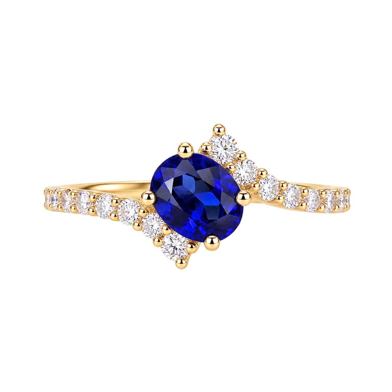 Oval Blue Sapphire Engagement Ring with Lab Grown Diamond Cluster Accents