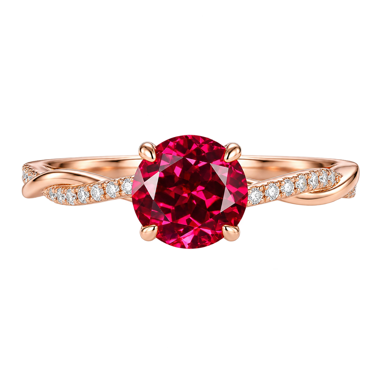 Round Red Ruby Twisted Band Engagement Ring with Diamond Accents, Infinity Style Ruby Ring, Round Cut Gemstone Ring for Women
