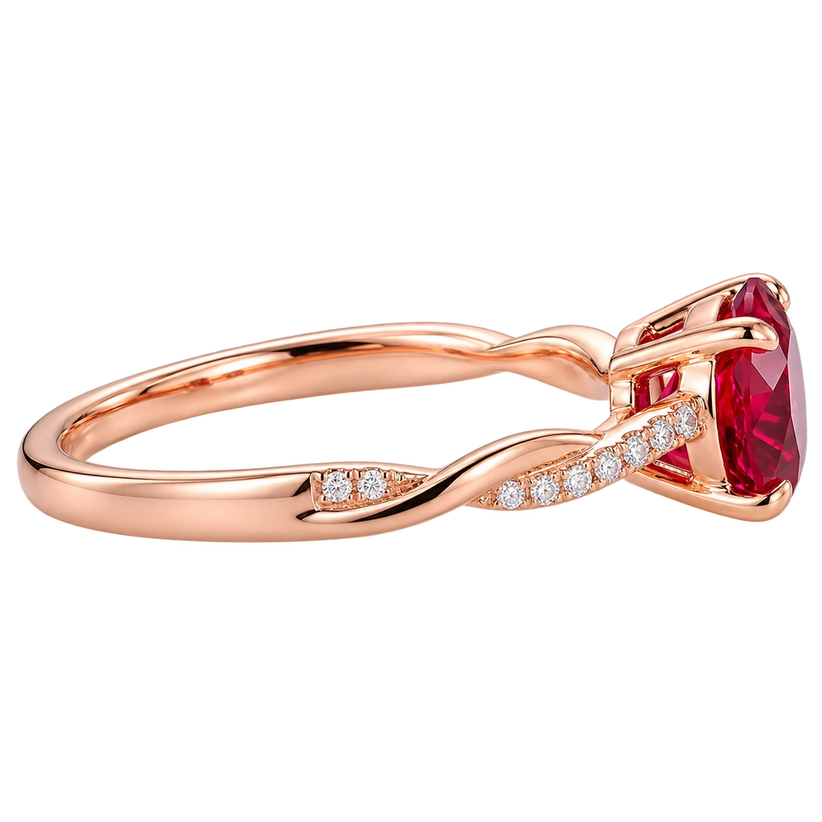 Round Red Ruby Twisted Band Engagement Ring with Diamond Accents, Infinity Style Ruby Ring, Round Cut Gemstone Ring for Women