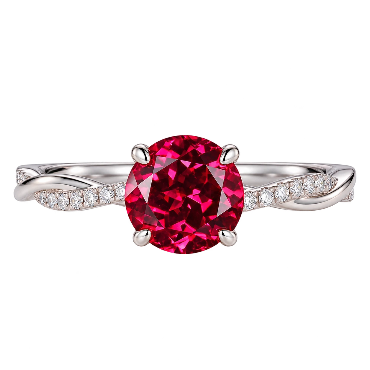 Round Red Ruby Twisted Band Engagement Ring with Diamond Accents, Infinity Style Ruby Ring, Round Cut Gemstone Ring for Women