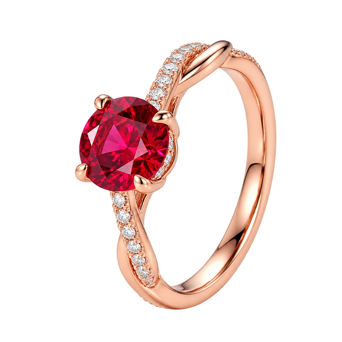 Round Red Ruby Twisted Band Engagement Ring with Diamond Accents, Infinity Style Ruby Ring, Round Cut Gemstone Ring for Women