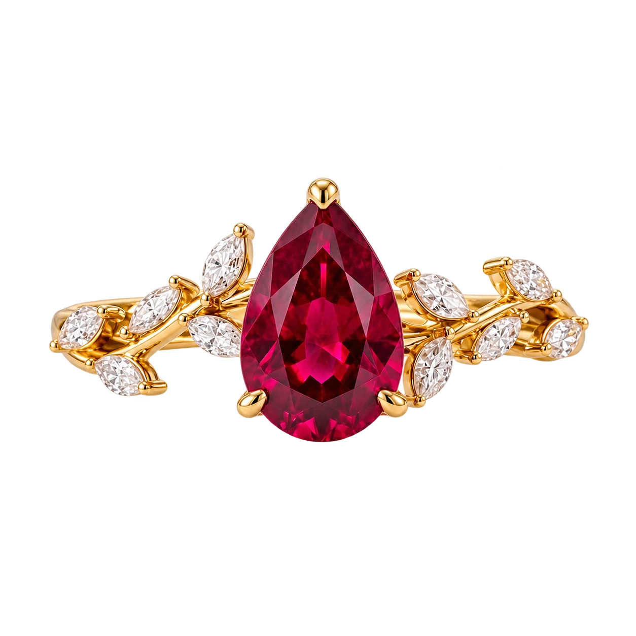 Pear Cut Red Ruby Nature Inspired Engagement Ring with Leaf Accents