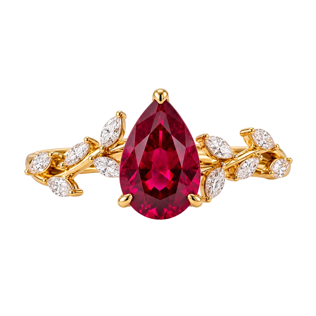 Pear Cut Red Ruby Nature Inspired Engagement Ring with Leaf Accents