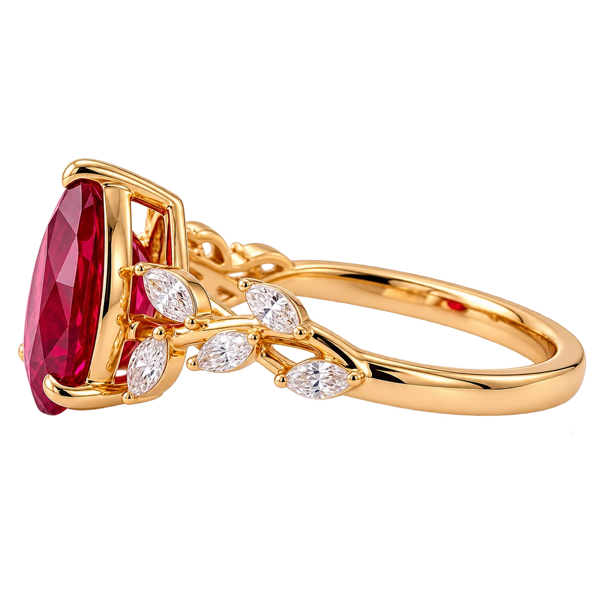 Pear Cut Red Ruby Nature Inspired Engagement Ring with Leaf Accents
