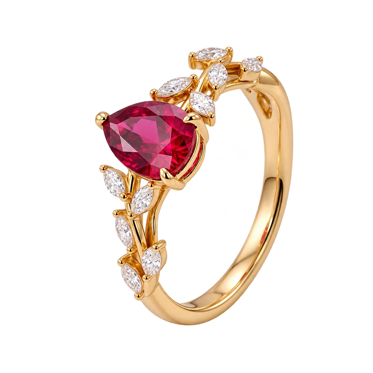 Pear Cut Red Ruby Nature Inspired Engagement Ring with Leaf Accents