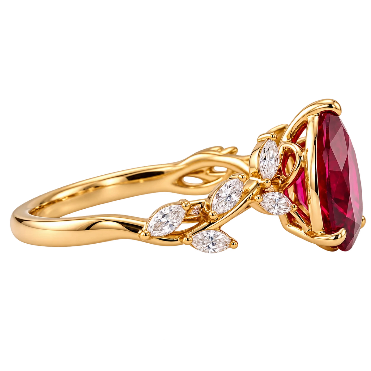 Pear Cut Red Ruby Nature Inspired Engagement Ring with Leaf Accents