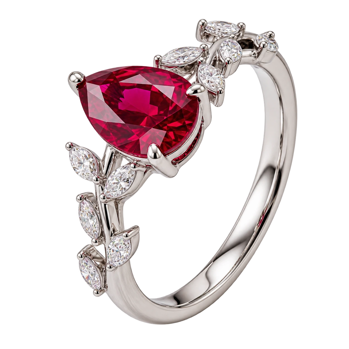 Pear Cut Red Ruby Nature Inspired Engagement Ring with Leaf Accents