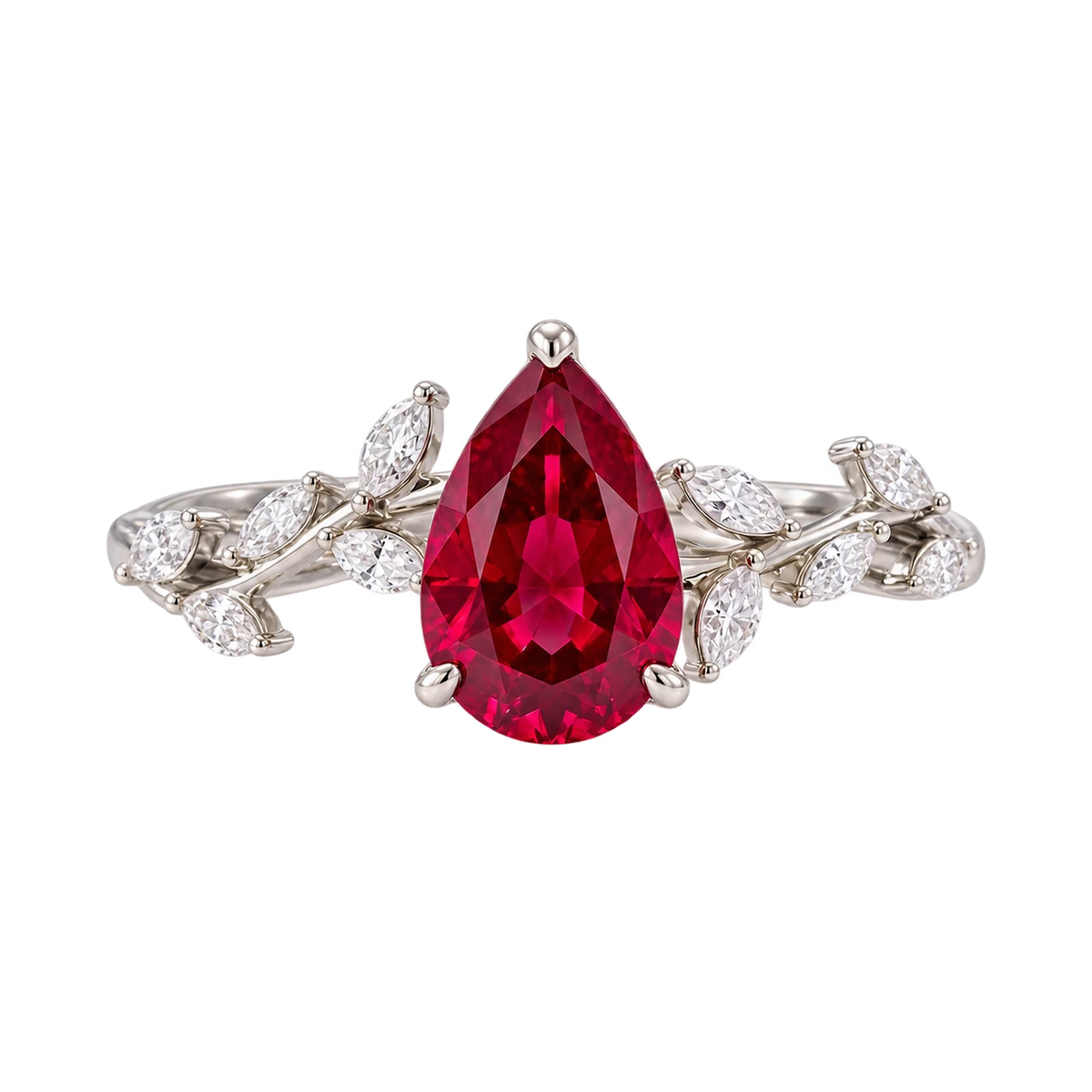 Pear Cut Red Ruby Nature Inspired Engagement Ring with Leaf Accents