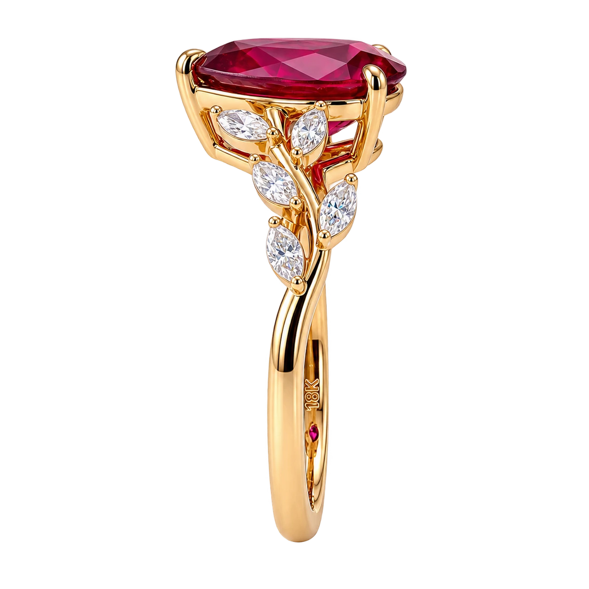 Pear Cut Red Ruby Nature Inspired Engagement Ring with Leaf Accents