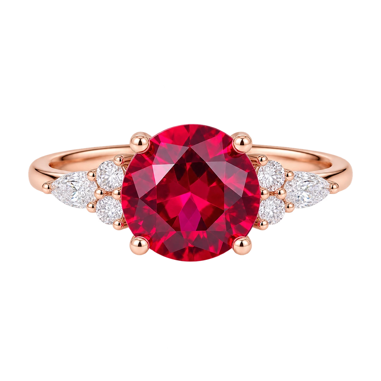 Round Cut Red Ruby Engagement Ring with Diamond Accent Side Stones