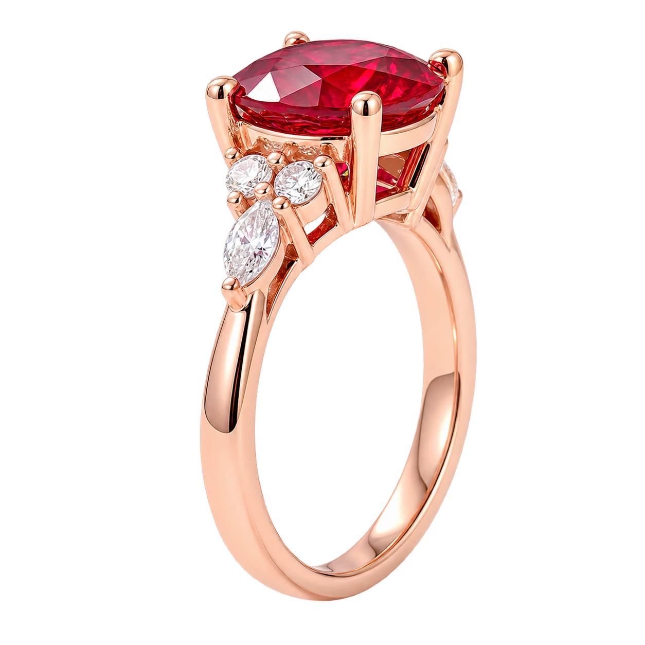 Round Cut Red Ruby Engagement Ring with Diamond Accent Side Stones