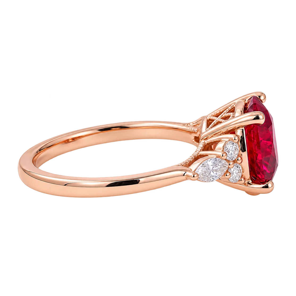 Round Cut Red Ruby Engagement Ring with Diamond Accent Side Stones