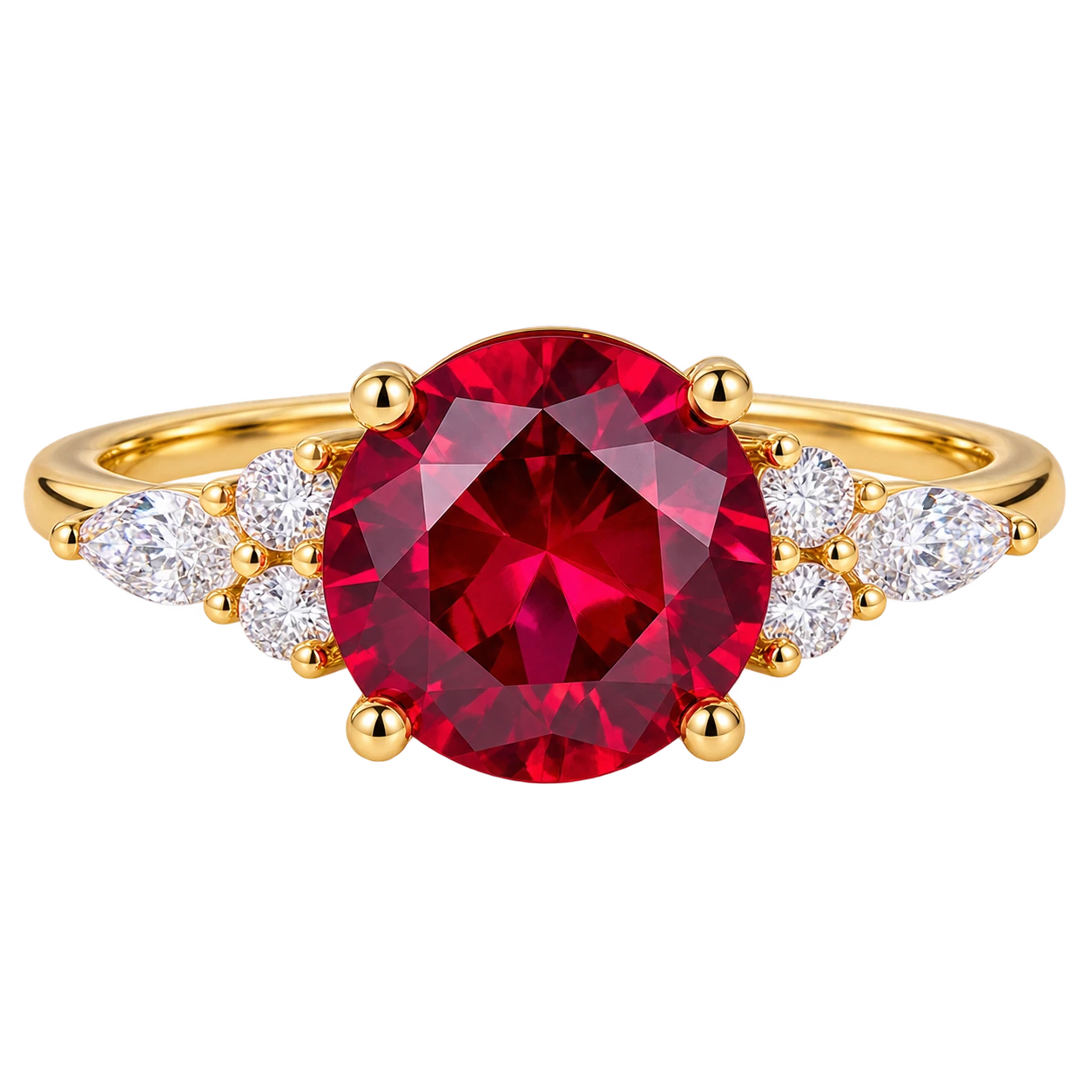 Round Cut Red Ruby Engagement Ring with Diamond Accent Side Stones