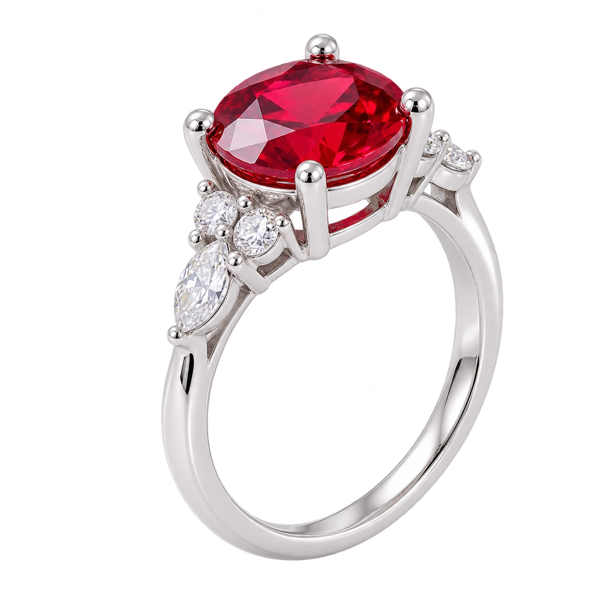 Round Cut Red Ruby Engagement Ring with Diamond Accent Side Stones
