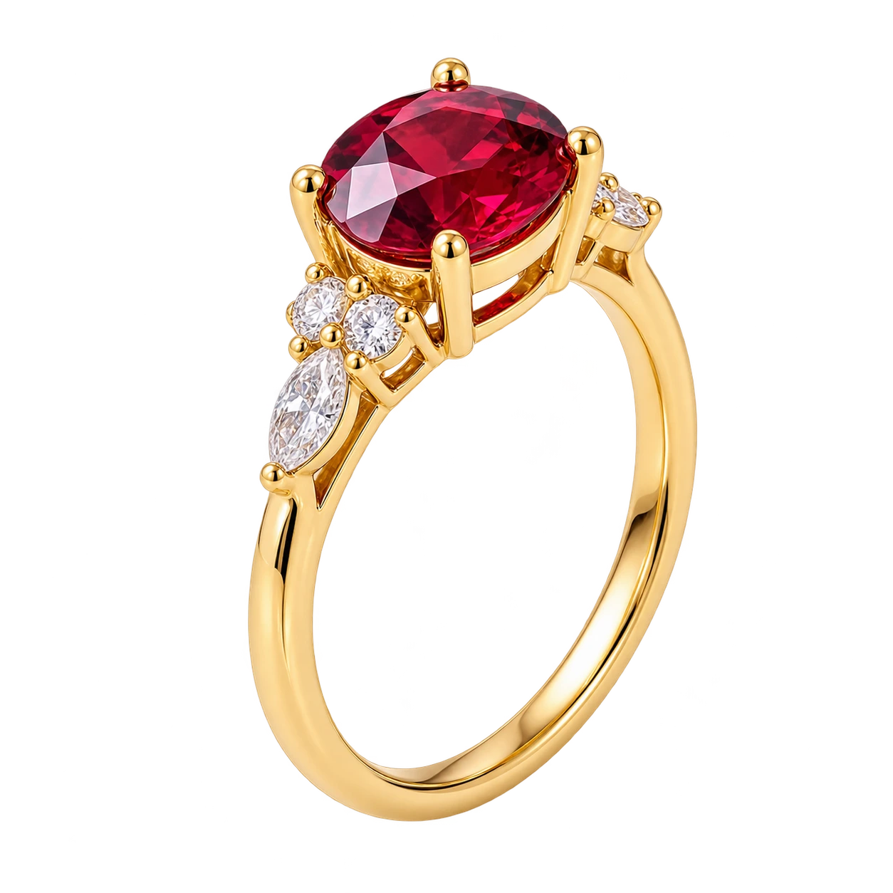 Round Cut Red Ruby Engagement Ring with Diamond Accent Side Stones