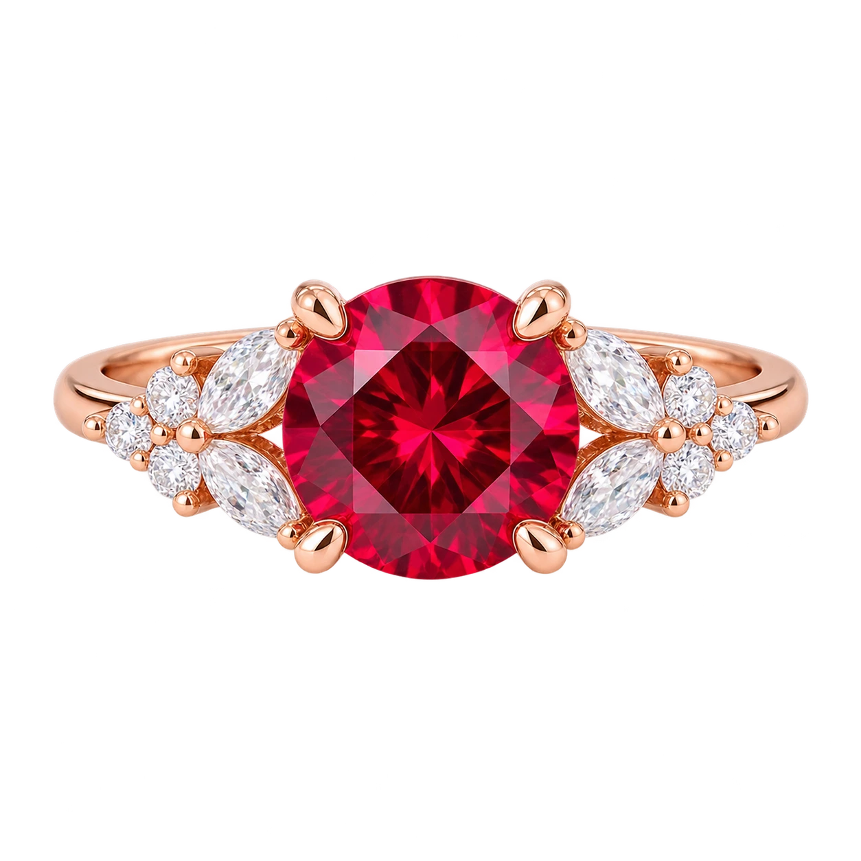 Round Red Ruby Ring, Ruby Engagement Ring, Marquise Diamond Ring, Vintage Inspired Ruby Ring, Diamond Cluster Ring, Fine Jewellery Gift