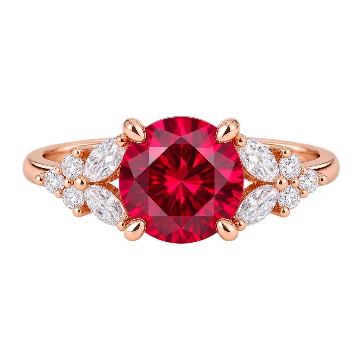 Round Red Ruby Ring, Ruby Engagement Ring, Marquise Diamond Ring, Vintage Inspired Ruby Ring, Diamond Cluster Ring, Fine Jewellery Gift