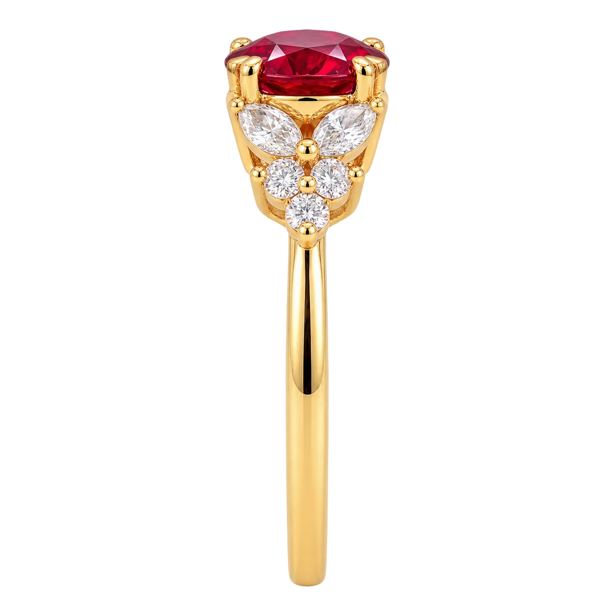 Round Red Ruby Ring, Ruby Engagement Ring, Marquise Diamond Ring, Vintage Inspired Ruby Ring, Diamond Cluster Ring, Fine Jewellery Gift