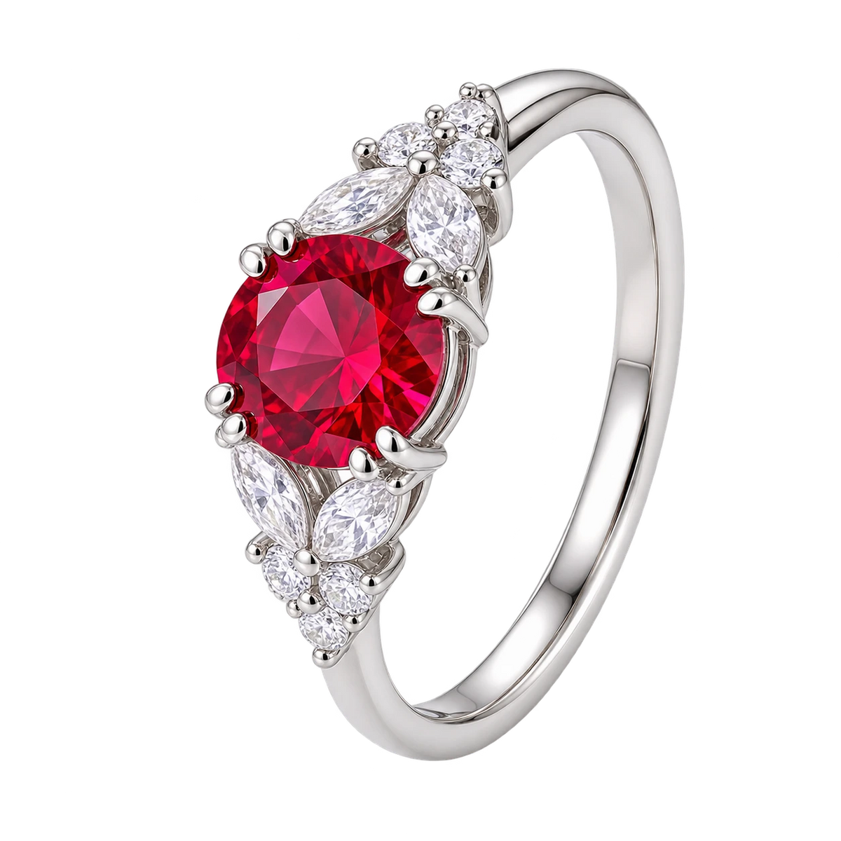 Round Red Ruby Ring, Ruby Engagement Ring, Marquise Diamond Ring, Vintage Inspired Ruby Ring, Diamond Cluster Ring, Fine Jewellery Gift
