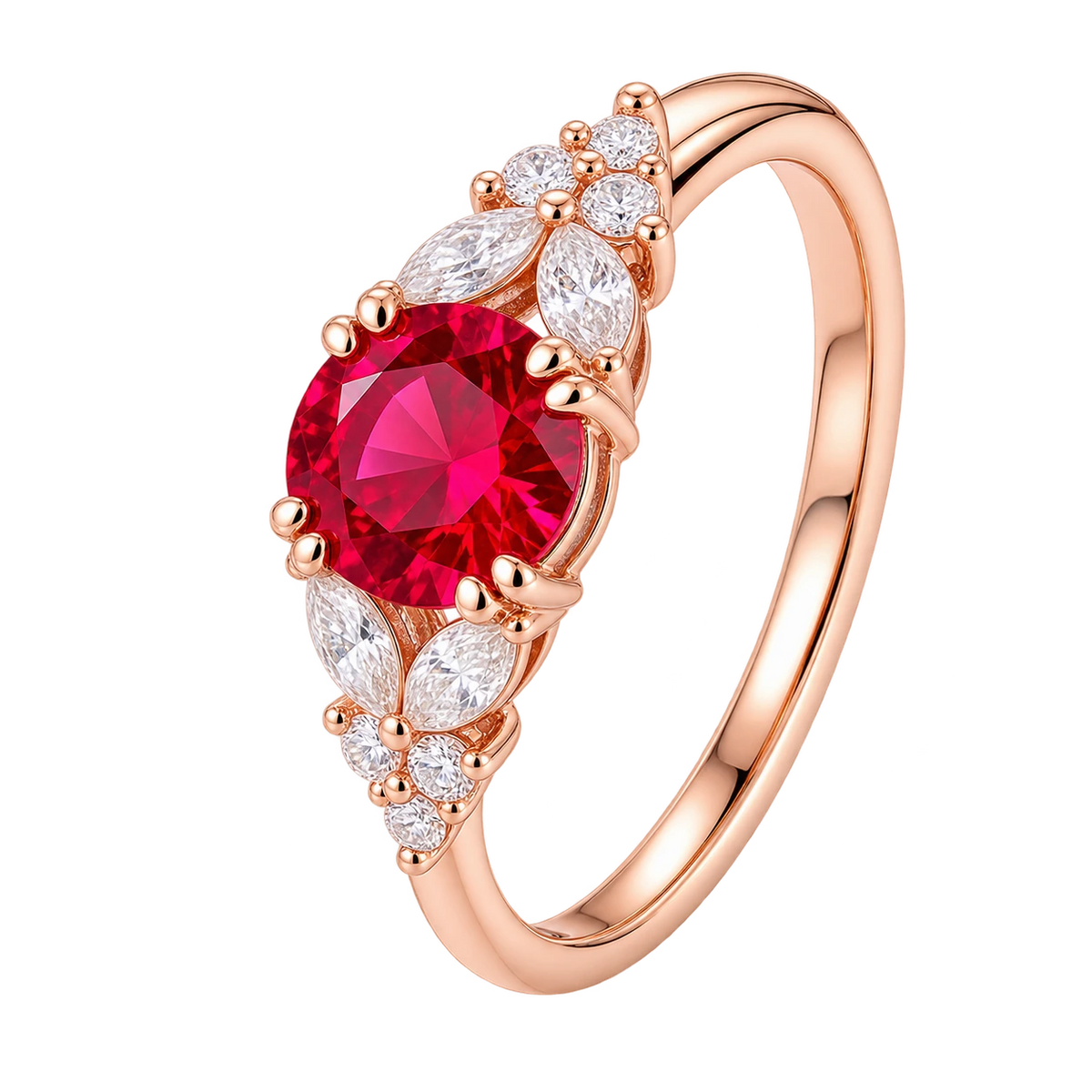 Round Red Ruby Ring, Ruby Engagement Ring, Marquise Diamond Ring, Vintage Inspired Ruby Ring, Diamond Cluster Ring, Fine Jewellery Gift