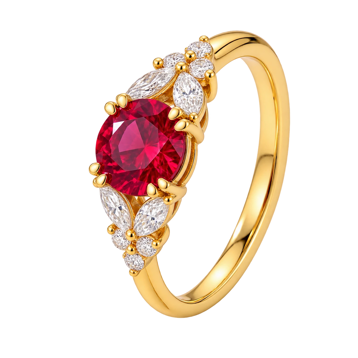 Round Red Ruby Ring, Ruby Engagement Ring, Marquise Diamond Ring, Vintage Inspired Ruby Ring, Diamond Cluster Ring, Fine Jewellery Gift