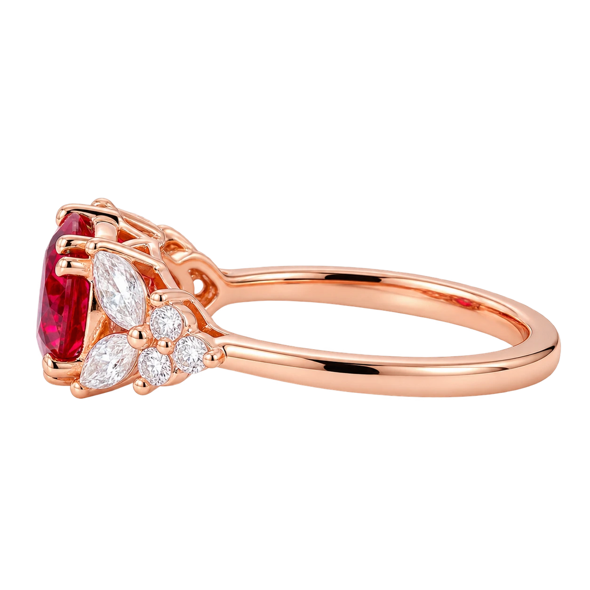 Round Red Ruby Ring, Ruby Engagement Ring, Marquise Diamond Ring, Vintage Inspired Ruby Ring, Diamond Cluster Ring, Fine Jewellery Gift