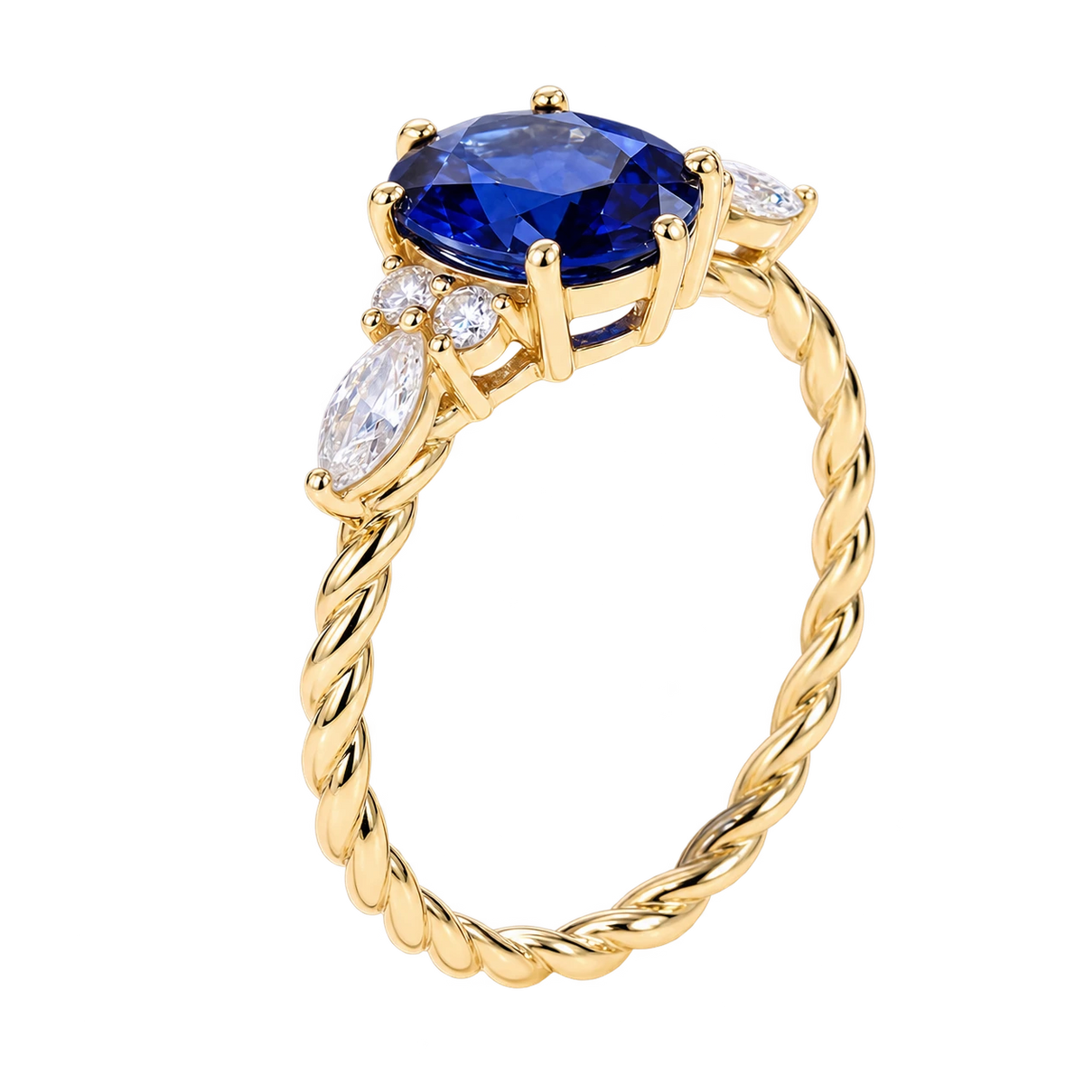 Oval Cut Blue Sapphire Ring with Marquise and Round Lab Grown Diamond Side Stones