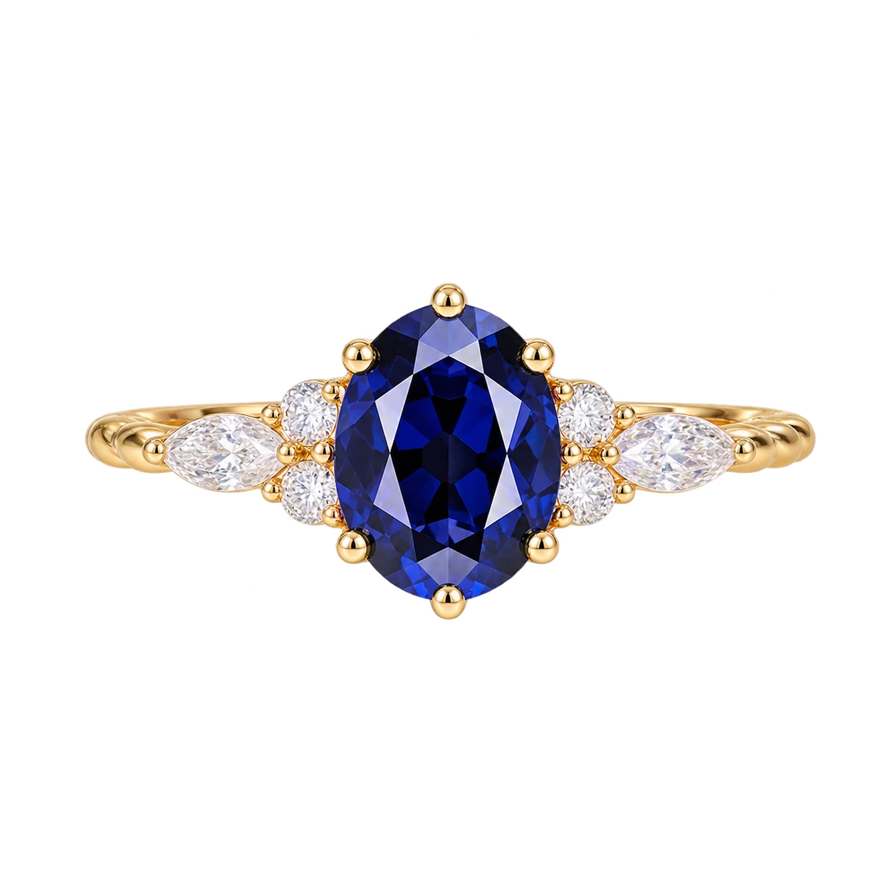 Oval Cut Blue Sapphire Ring with Marquise and Round Lab Grown Diamond Side Stones