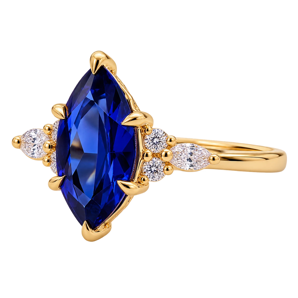 Marquise Blue Sapphire Engagement Ring Diamond Accent Sapphire Ring Marquise Cut Blue Gemstone Ring Unique Bridal Jewelry