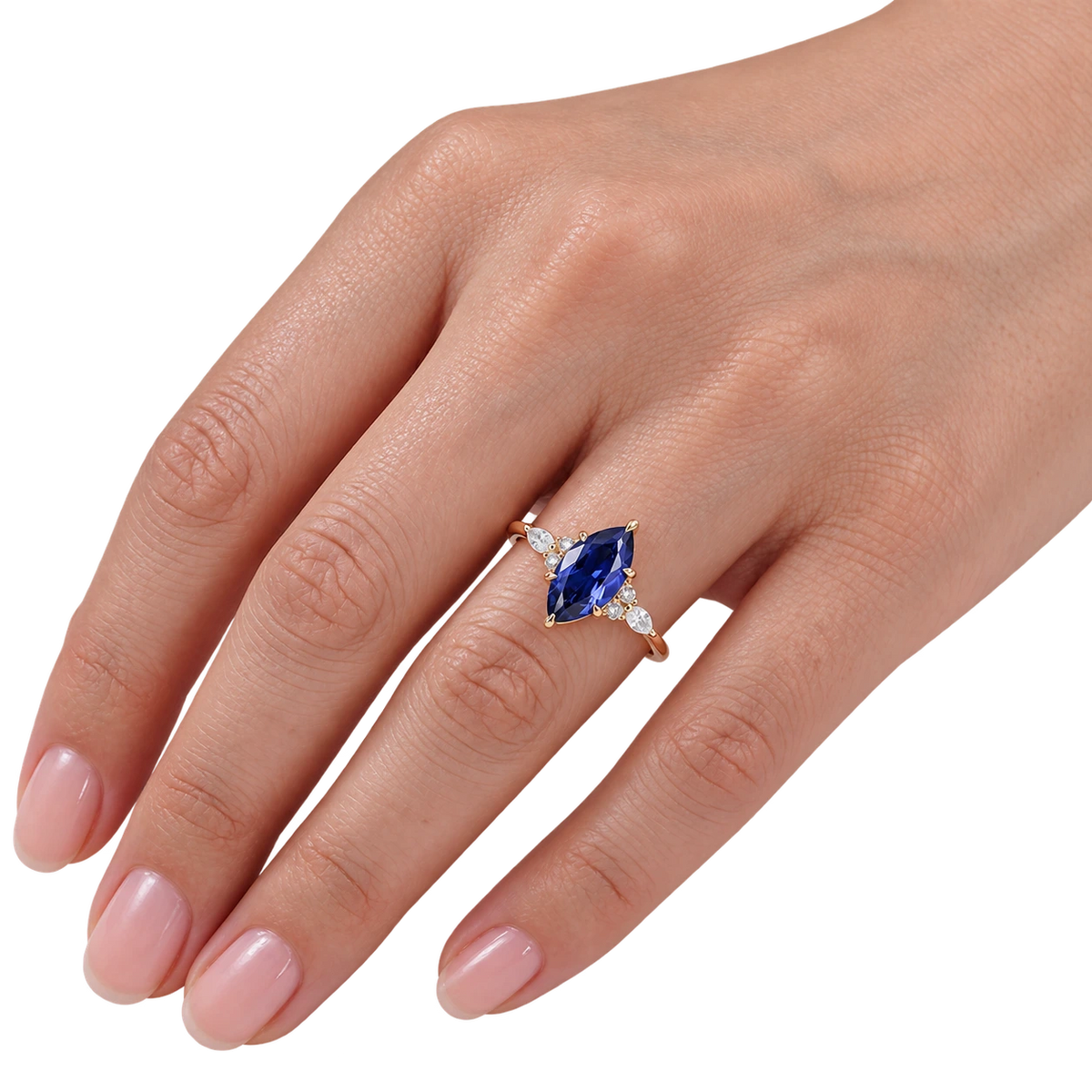 Marquise Blue Sapphire Engagement Ring Diamond Accent Sapphire Ring Marquise Cut Blue Gemstone Ring Unique Bridal Jewelry