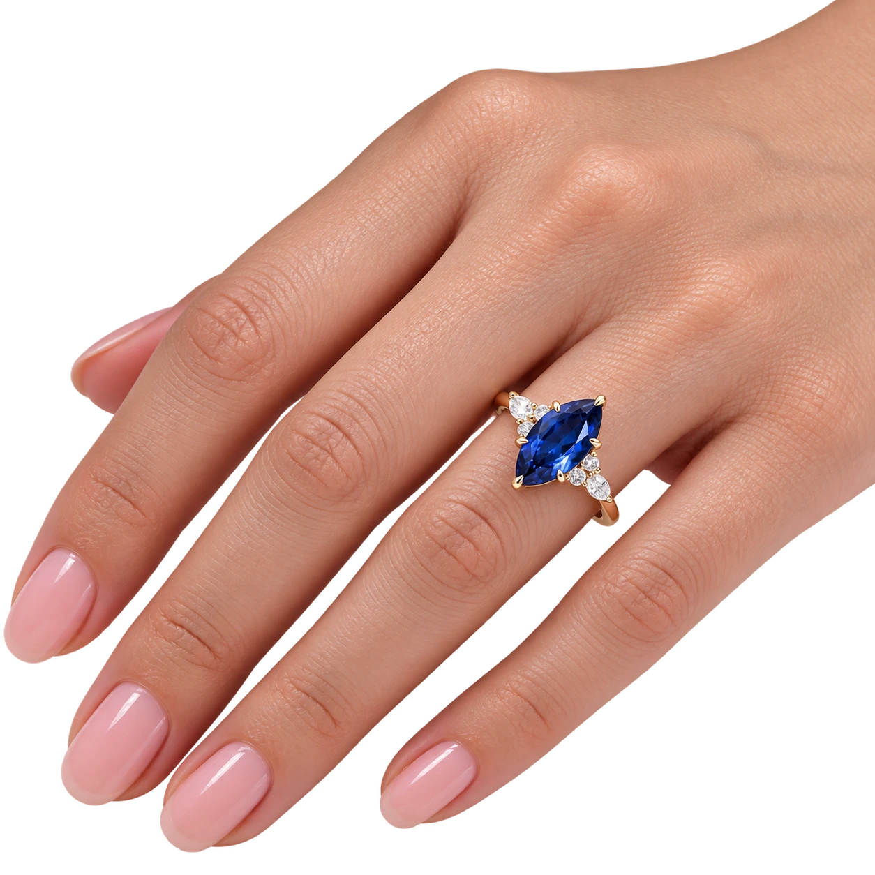 Marquise Blue Sapphire Engagement Ring Diamond Accent Sapphire Ring Marquise Cut Blue Gemstone Ring Unique Bridal Jewelry
