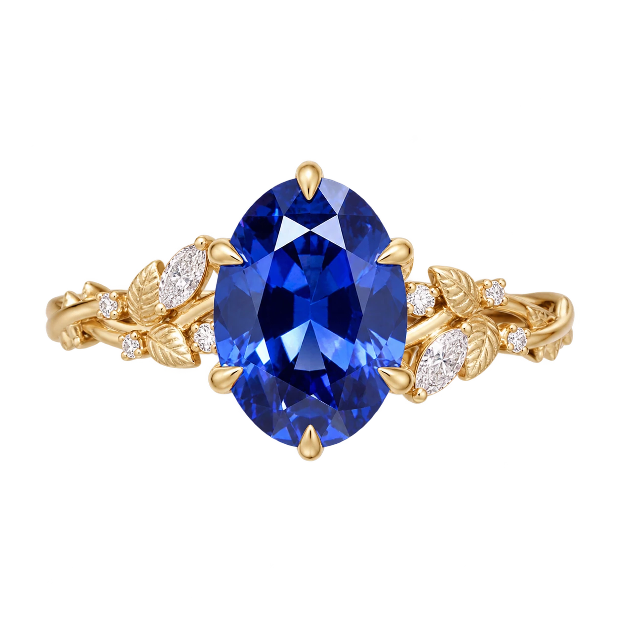 Oval Blue Sapphire Nature Inspired Ring Leaf Engagement Ring Floral Sapphire Ring Botanical Blue Gemstone Jewelry