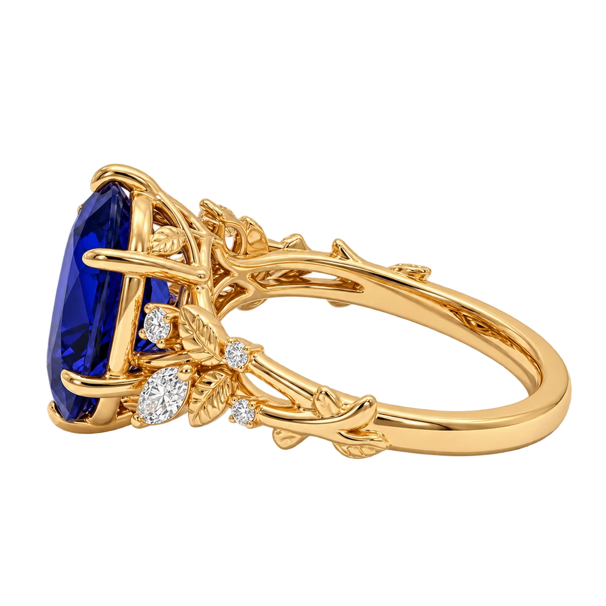 Oval Blue Sapphire Nature Inspired Ring Leaf Engagement Ring Floral Sapphire Ring Botanical Blue Gemstone Jewelry