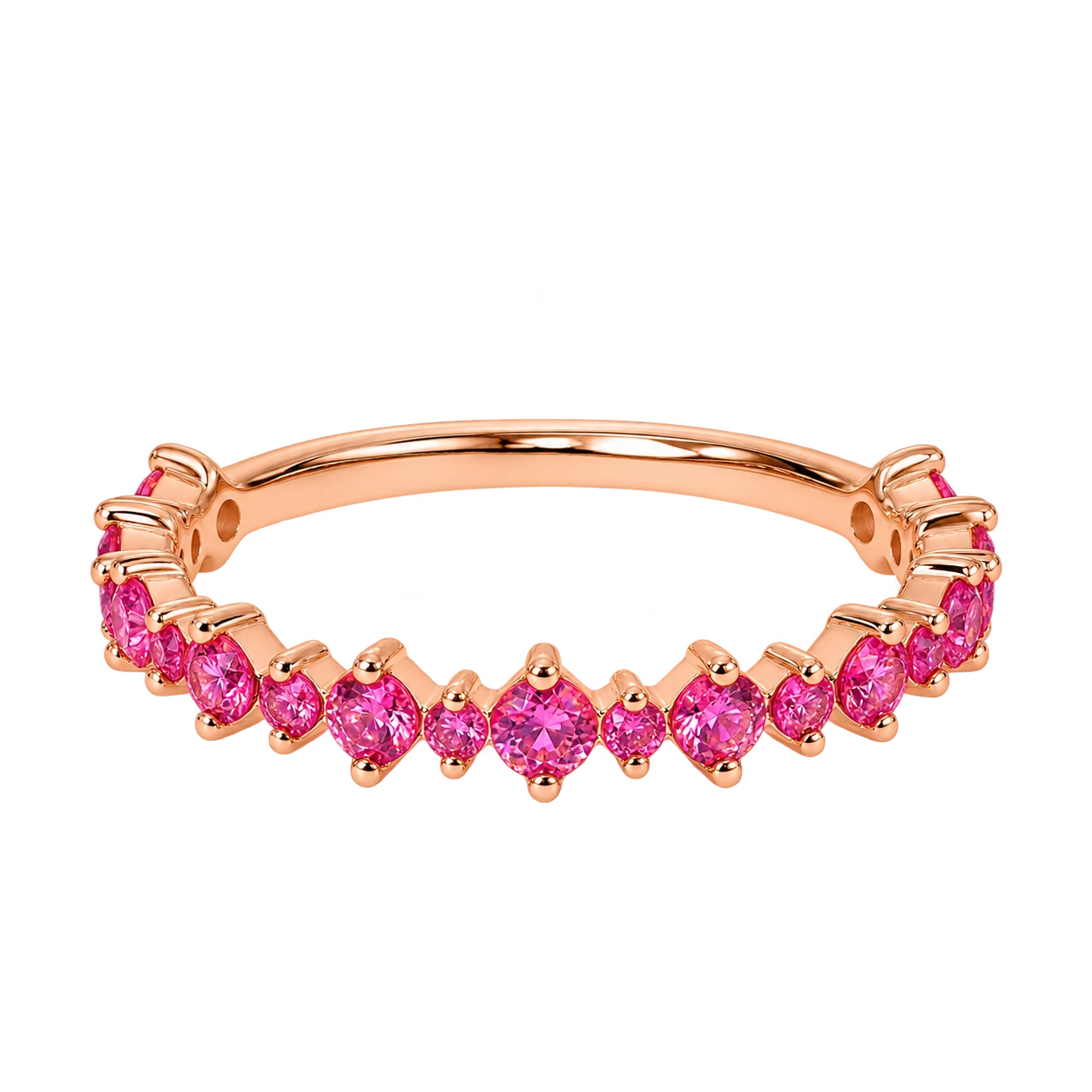 Pink Sapphire Half Eternity Wedding Band, Stackable Sapphire Ring, Pink Gemstone Anniversary Band, Bridal Stacking Ring Gift