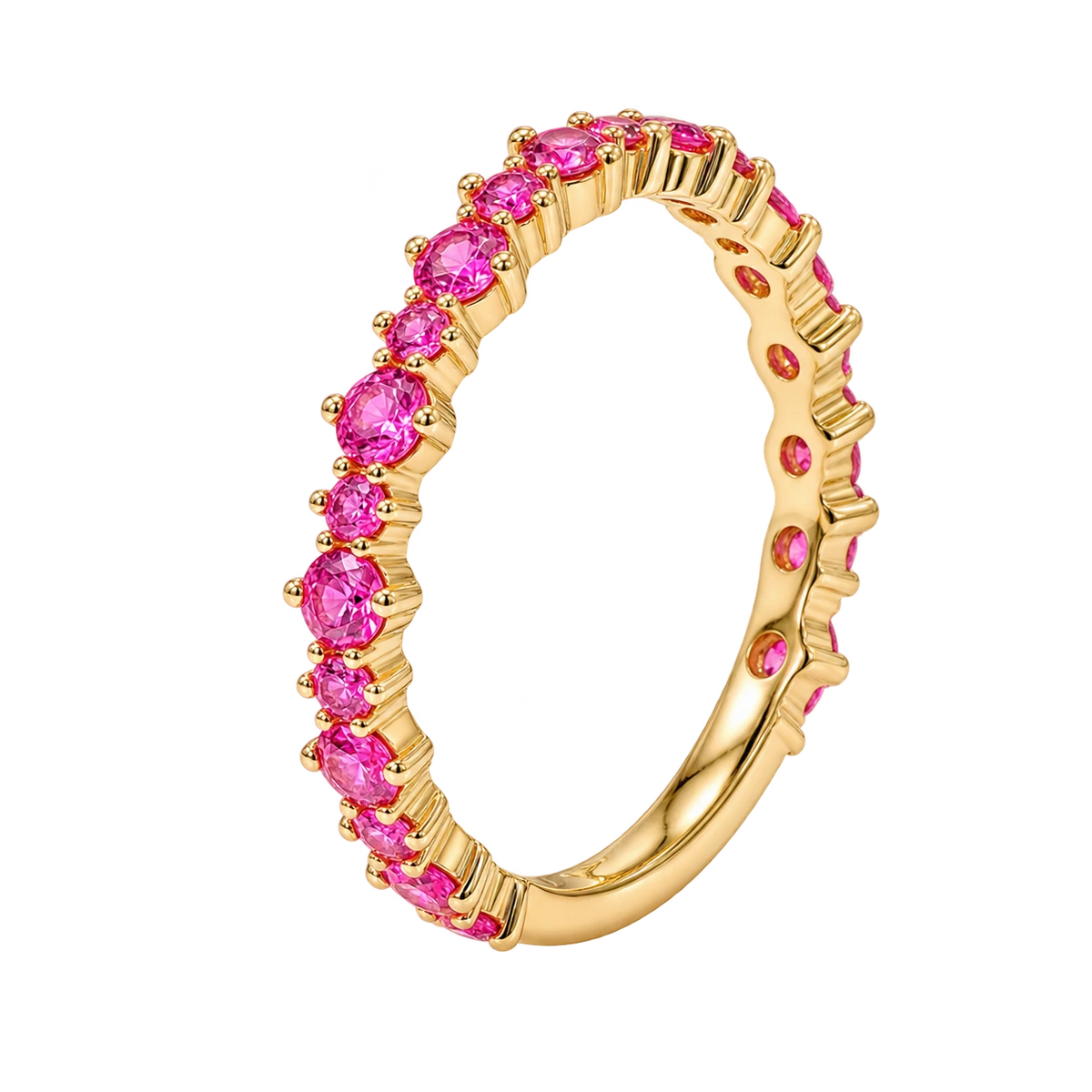 Pink Sapphire Half Eternity Wedding Band, Stackable Sapphire Ring, Pink Gemstone Anniversary Band, Bridal Stacking Ring Gift