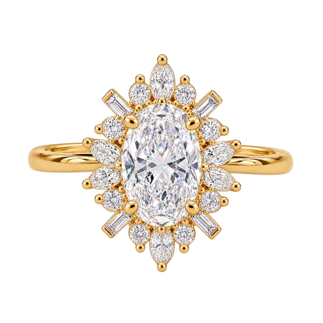 Oval Cut Moissanite Cluster Engagement Ring with Baguette & Marquise Accents