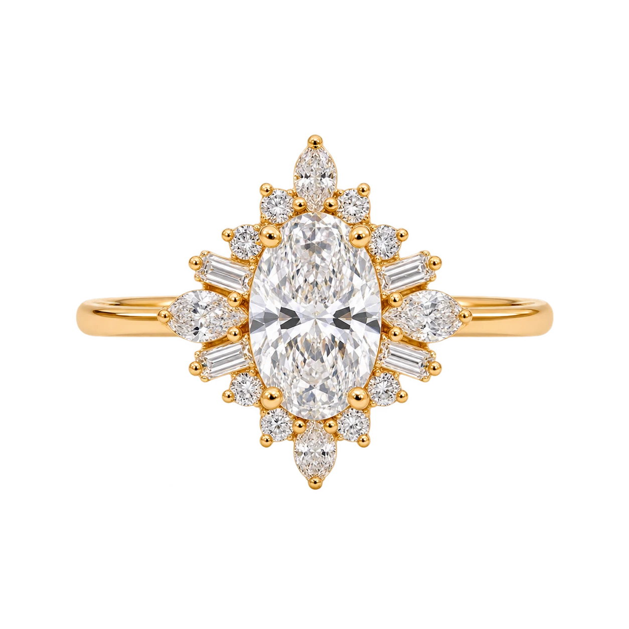 Oval Cut Moissanite Cluster Engagement Ring with Baguette & Marquise Accents