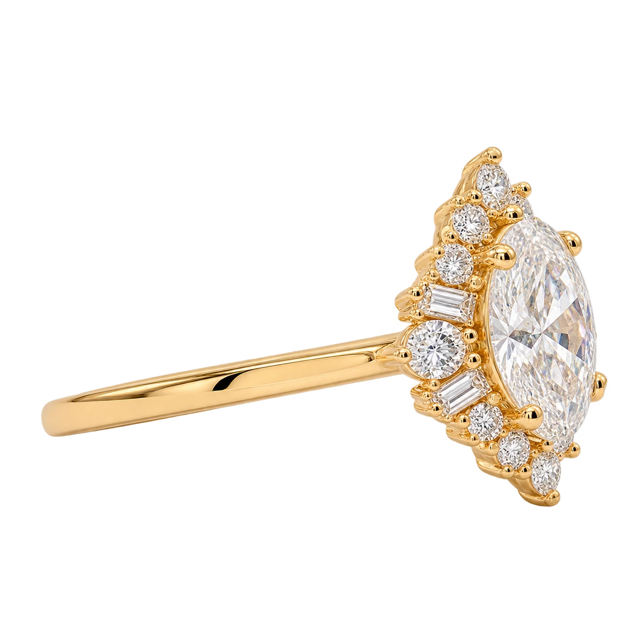 Oval Cut Moissanite Cluster Engagement Ring with Baguette & Marquise Accents